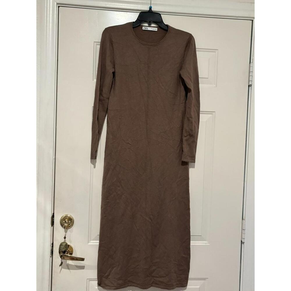 Womens Zara sz S brown sweater‎ dress long sleeve midi #1178